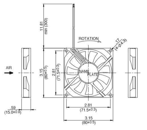 Габаритные размеры осевого вентилятора 08015JE-12K-BA-F0 NMB axial fan
