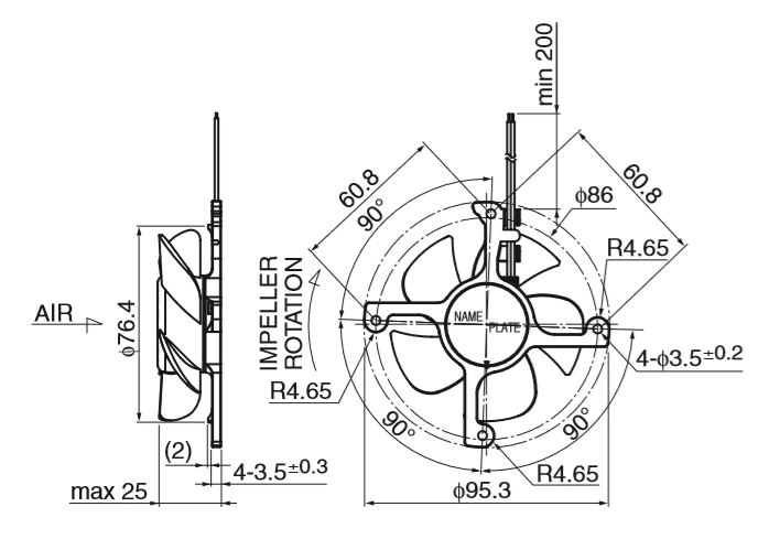 Габаритные размеры осевого вентилятора 08025DC-12N-WAA-0 NMB axial fan