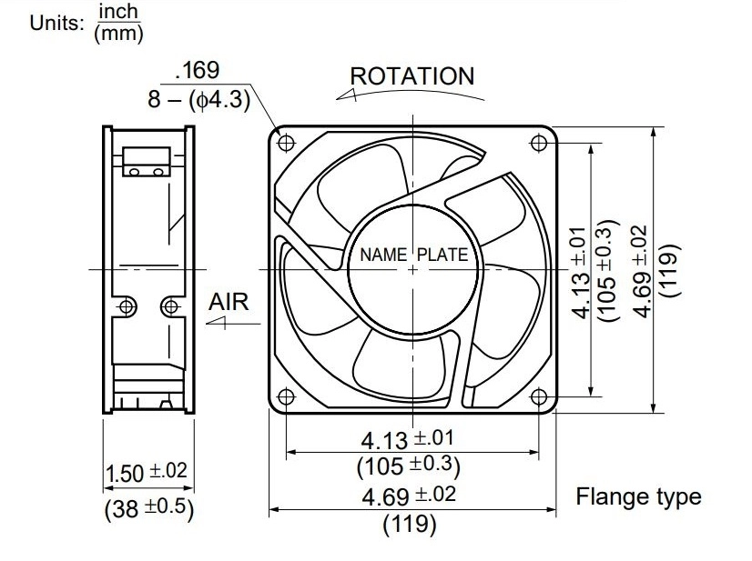 Габаритные размеры осевого вентилятора охлаждения 08025MB-A1L-CA-00_60Hz NMB