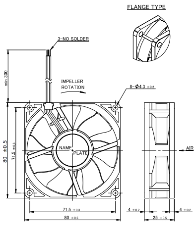 Габаритные размеры осевого вентилятора 08025SE-12Q-FT-DW NMB axial fan Габаритные размеры осевого вентилятора 08025SE-12Q-FT-DW NMB axial fan