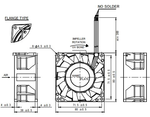 Габаритные размеры осевого вентилятора 08038DA-12T-E6E-F NMB axial fan Габаритные размеры осевого вентилятора 08038DA-12T-E6E-F NMB axial fan