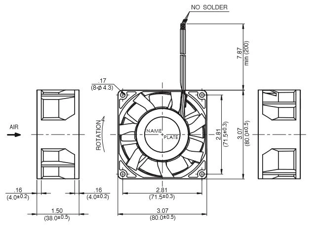 Габаритные размеры осевого вентилятора 08038RA-12Q-ET-00 NMB axial fan