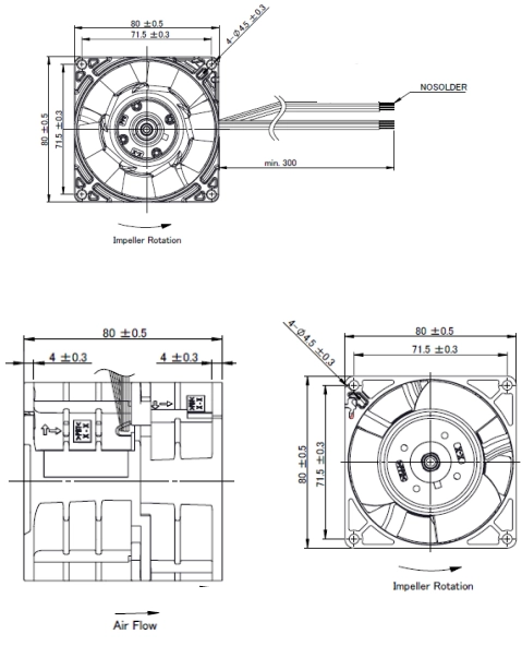 Габаритные размеры осевого вентилятора 08080EA-12S-E6D-2 NMB axial fan