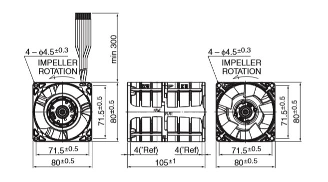 Габаритные размеры осевого вентилятора 080A0EA-12S-E6-00 NMB axial fan Габаритные размеры осевого вентилятора 080A0EA-12S-E6-00 NMB axial fan