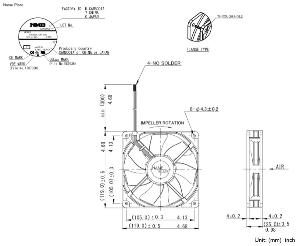 Габаритные размеры осевого вентилятора 11925SA-12R-EUD-1 NMB axial fan Габаритные размеры осевого вентилятора 11925SA-12R-EUD-1 NMB axial fan
