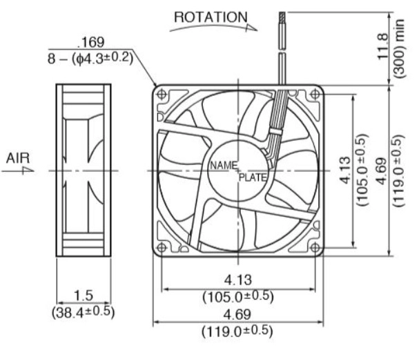 Габаритные размеры осевого вентилятора 11938KE-24K-FU NMB axial fan Габаритные размеры осевого вентилятора 11938KE-24K-FU NMB axial fan