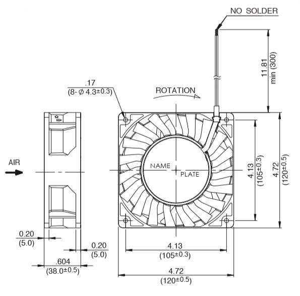 Габаритные размеры осевого вентилятора 12038ME-48R-GK-01 NMB axial fan Габаритные размеры осевого вентилятора 12038ME-48R-GK-01 NMB axial fan