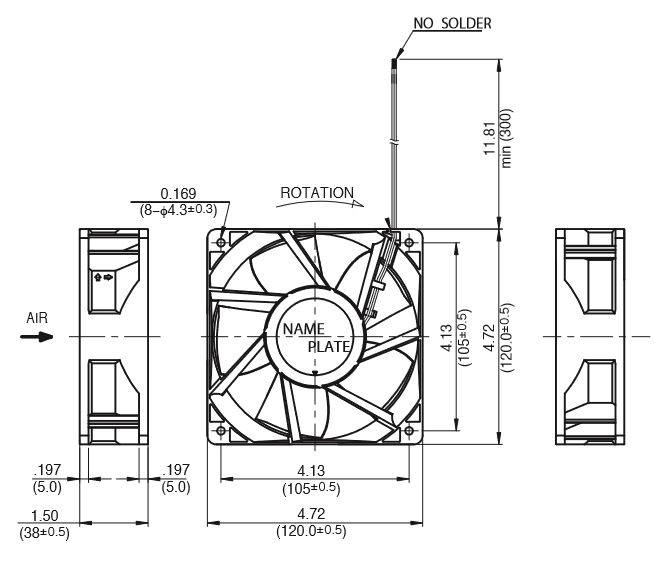 Габаритные размеры осевого вентилятора 12038VA-24R-FU-06 NMB axial fan Габаритные размеры осевого вентилятора 12038VA-24R-FU-06 NMB axial fan
