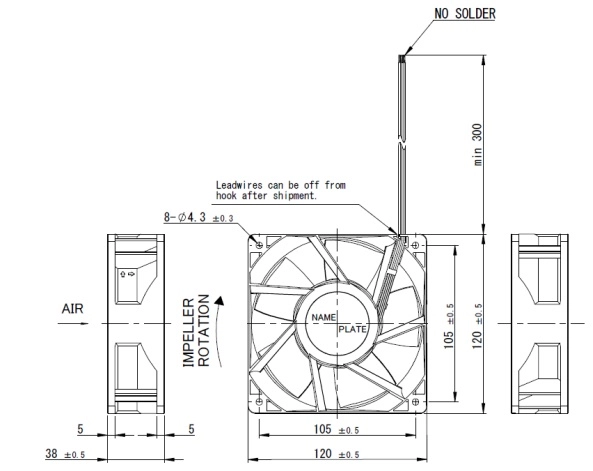 Габаритные размеры осевого вентилятора 12038VE-12R-GUE-4 NMB axial fan Габаритные размеры осевого вентилятора 12038VE-12R-GUE-4 NMB axial fan
