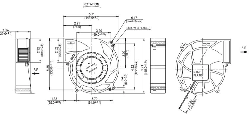 Габаритные размеры радиального вентилятора 14539GA-12L-AA-00 NMB Technologies