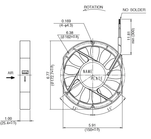 Габаритные размеры осевого вентилятора 15025PA-24J-AA-00 NMB axial fan