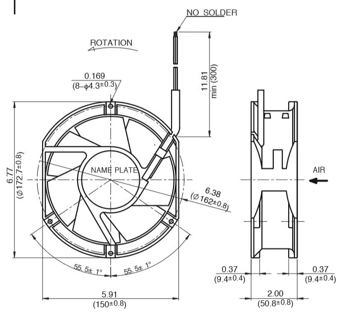 Габаритные размеры осевого вентилятора 15050VA-24M-ET-00 NMB axial fan