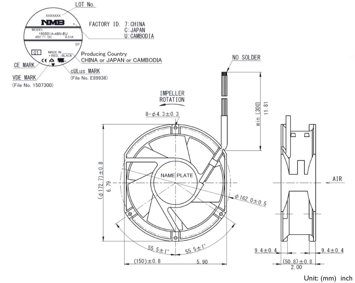 Габаритные размеры осевого вентилятора 15050VA-48N-EU-01 NMB axial fan
