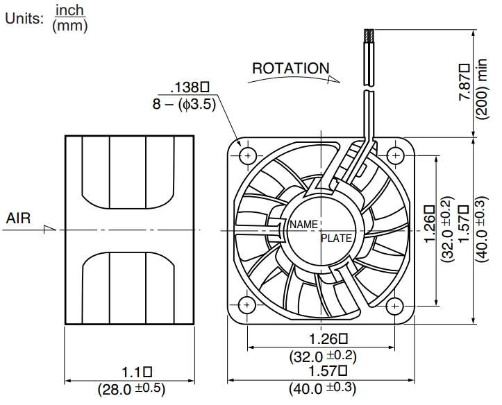 Габаритные размеры осевого вентилятора 1611KL-04W-B50 NMB axial fan