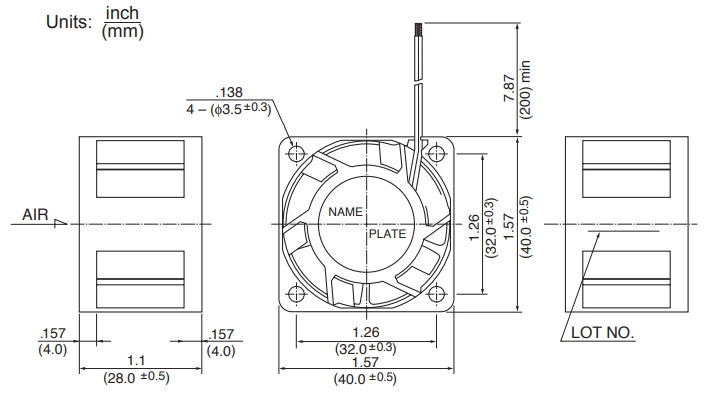 Габаритные размеры осевого вентилятора 1611RL-04W-B60 NMB axial fan Габаритные размеры осевого вентилятора 1611RL-04W-B60 NMB axial fan