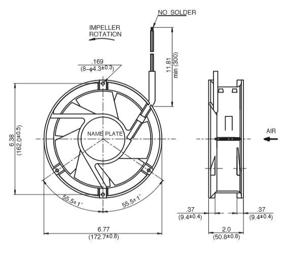 Габаритные размеры осевого вентилятора 17250VG-48R-GU-01 NMB axial fan