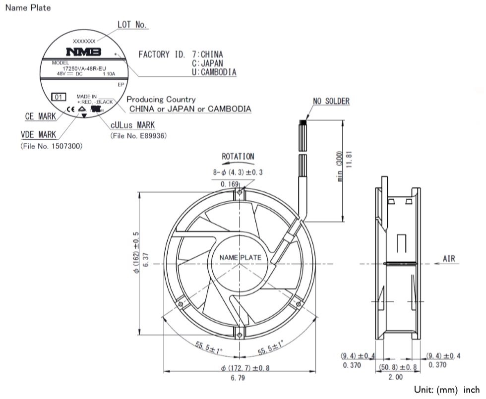 Габаритные размеры осевого вентилятора 17250VA-48R-EU-01 NMB axial fan Габаритные размеры осевого вентилятора 17250VA-48R-EU-01 NMB axial fan