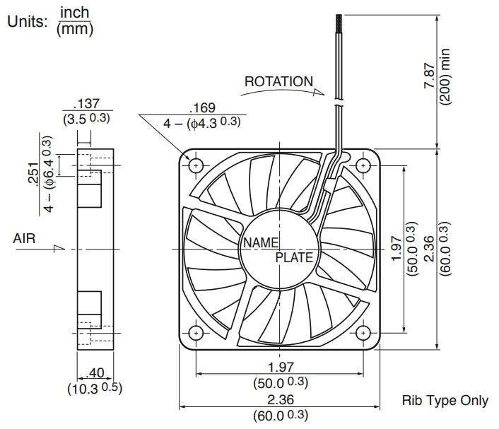 Габаритные размеры осевого вентилятора 2404KL-04W-B40 NMB axial fan Габаритные размеры осевого вентилятора 2404KL-04W-B40 NMB axial fan