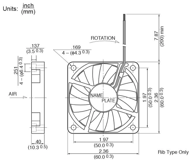 Габаритные размеры осевого вентилятора 2404KL-04W-B49-B50 NMB axial fan Габаритные размеры осевого вентилятора 2404KL-04W-B49-B50 NMB axial fan