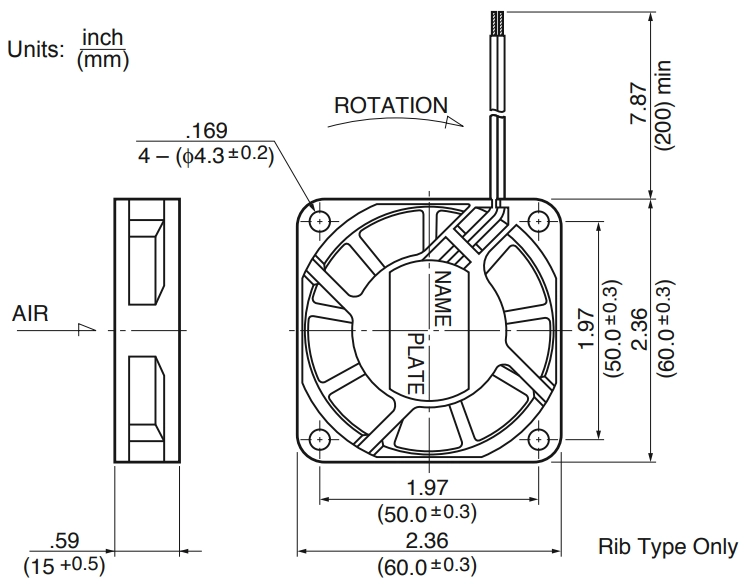 Габаритные размеры осевого вентилятора 2406KL-04W-B59 NMB axial fan
