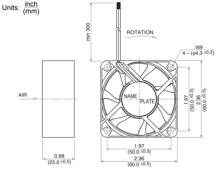 Габаритные размеры осевого вентилятора 2410RL-05W-B10 NMB axial fan Габаритные размеры осевого вентилятора 2410RL-05W-B10 NMB axial fan