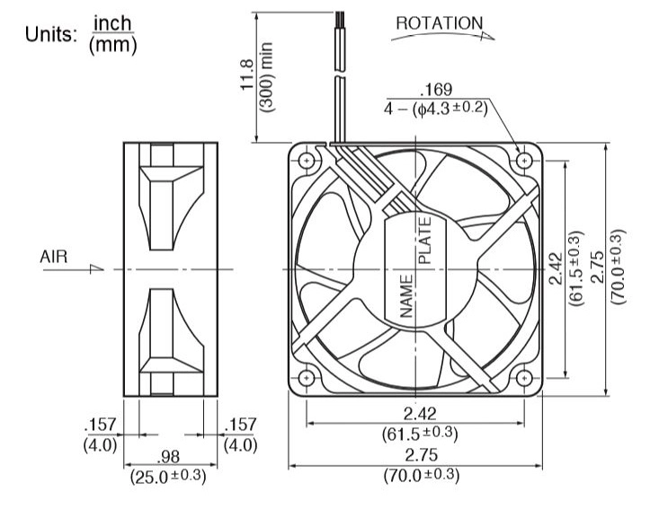 Габаритные размеры осевого вентилятора 2810KL-04W-B50-P00 NMB axial fan Габаритные размеры осевого вентилятора 2810KL-04W-B50-P00 NMB axial fan