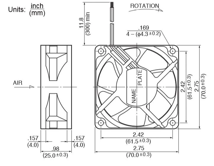 Габаритные размеры осевого вентилятора 2810KL-04W-B59-P50 NMB axial fan Габаритные размеры осевого вентилятора 2810KL-04W-B59-P50 NMB axial fan