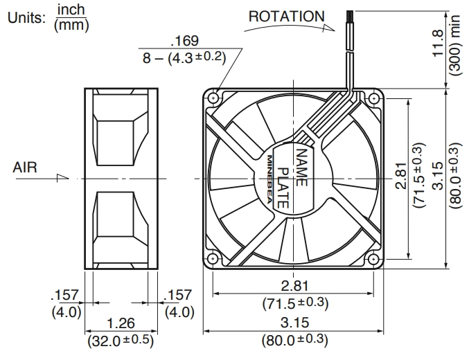 Габаритные размеры осевого вентилятора 3112KL-05W-B60 NMB axial fan