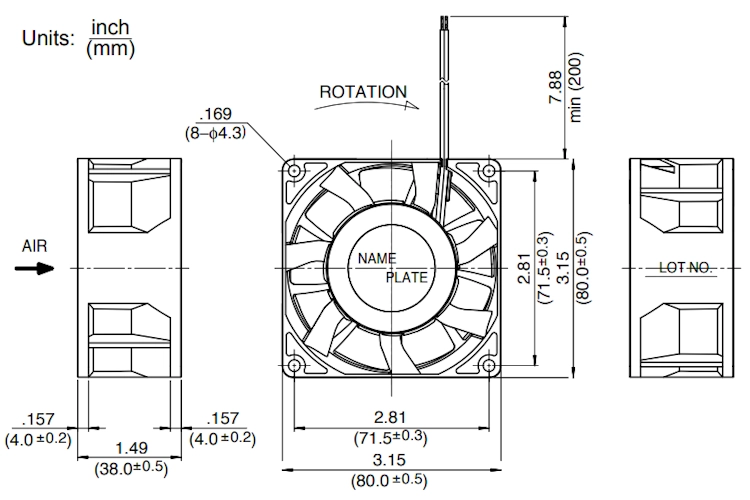 Габаритные размеры осевого вентилятора 3115RL-05W-B86 NMB axial fan Габаритные размеры осевого вентилятора 3115RL-05W-B86 NMB axial fan
