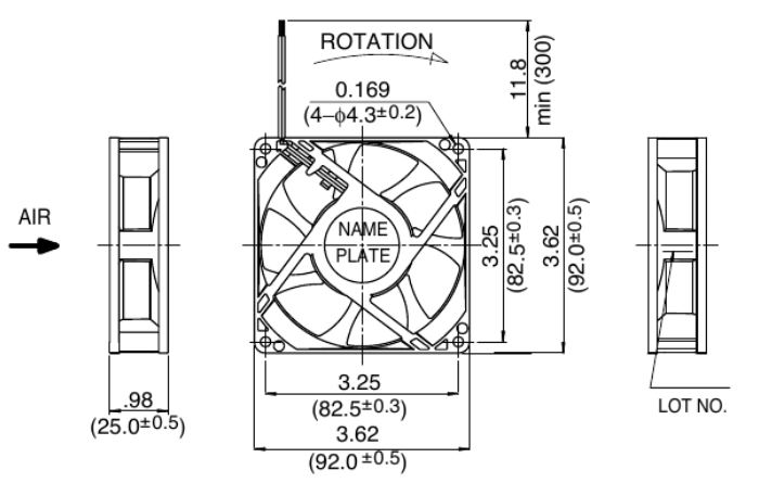 Габаритные размеры осевого вентилятора 3610VL-05W-B59 NMB axial fan
