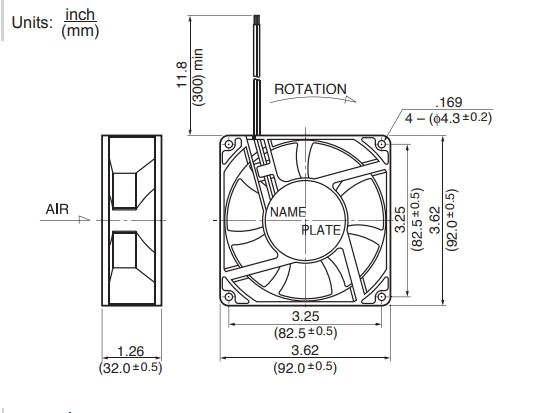 Габаритные размеры осевого вентилятора 3612KL-07W-B49-E50 NMB axial fan