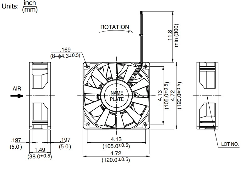 Габаритные размеры осевого вентилятора 4715RL-05W-B60-E00 NMB axial fan Габаритные размеры осевого вентилятора 4715RL-05W-B60-E00 NMB axial fan