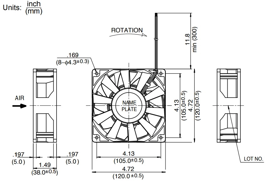 Габаритные размеры осевого вентилятора 4715RL-07W-B89-E50 NMB axial fan
