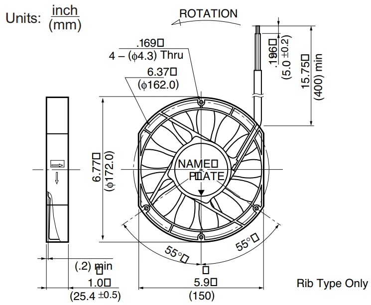 Габаритные размеры осевого вентилятора 5910PL-04W-B40 NMB axial fan Габаритные размеры осевого вентилятора 5910PL-04W-B40 NMB axial fan