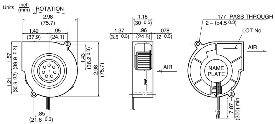Габаритные размеры радиального вентилятора BG0703-B043-000 NMB Technologies