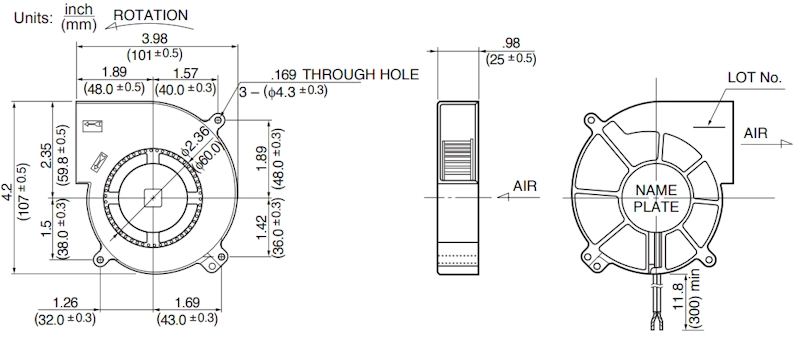 Габаритные размеры радиального вентилятора BG1002-B044-000 NMB Technologies