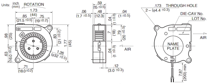 Габаритные размеры радиального вентилятора BM4515-04W-B40 NMB Technologies Габаритные размеры радиального вентилятора BM4515-04W-B40 NMB Technologies