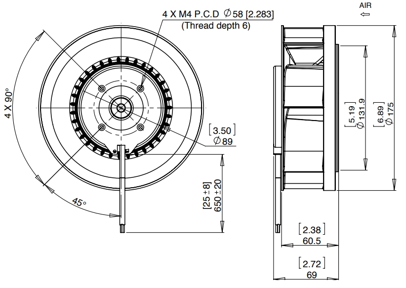 Габаритные размеры радиального вентилятора F175H1-061-D0750 NMB