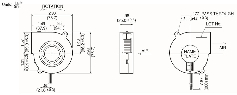 Габаритные размеры радиального вентилятора BG0702-B044-00S-00 NMB Technologies
