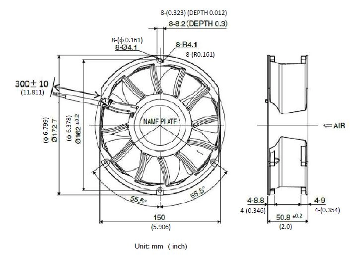 Габаритные размеры осевого вентилятора R150G4-051-D0760 NMB axial fan Габаритные размеры осевого вентилятора R150G4-051-D0760 NMB axial fan