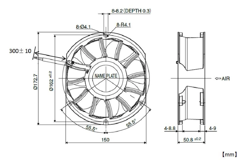 Габаритные размеры осевого вентилятора R150H2-051-D0550 NMB axial fan Габаритные размеры осевого вентилятора R150H2-051-D0550 NMB axial fan