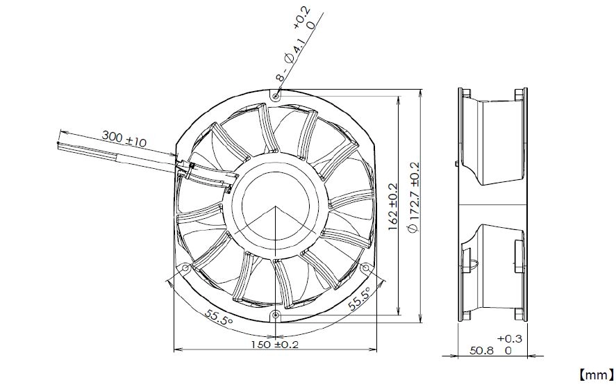 Габаритные размеры осевого вентилятора R150H3-051-D0760 NMB axial fan