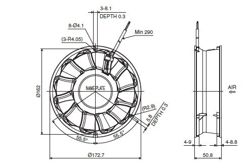 Габаритные размеры осевого вентилятора R150H4-051-D0750 NMB axial fan Габаритные размеры осевого вентилятора R150H4-051-D0750 NMB axial fan