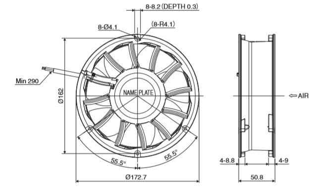Габаритные размеры осевого вентилятора R172H2-051-D0750 NMB axial fan