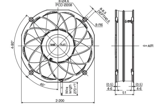 Габаритные размеры осевого вентилятора R200A5-051-D0540 NMB axial fan Габаритные размеры осевого вентилятора R200A5-051-D0540 NMB axial fan
