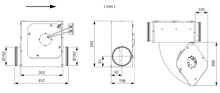 Размеры вентилятора LPKB 160+2x125 C1 Размеры вентилятора LPKB 160+2x125 C1