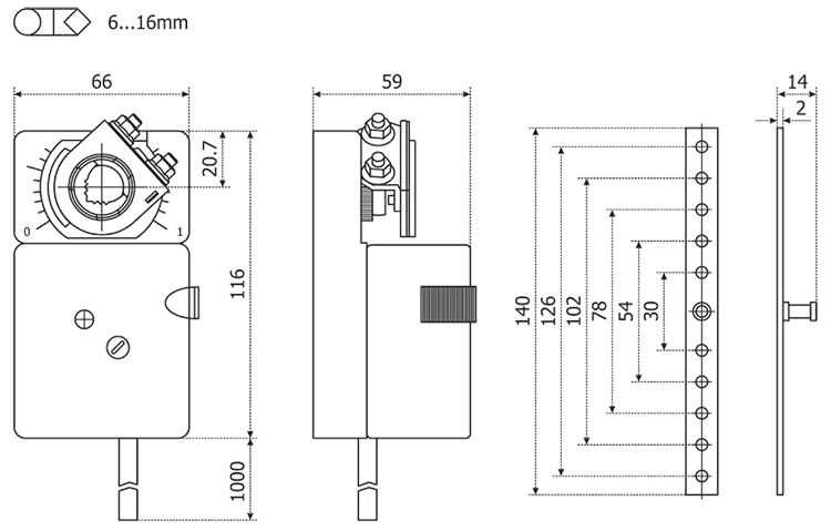 Размеры электропривода MAKO LM24A-SM (5Hm)