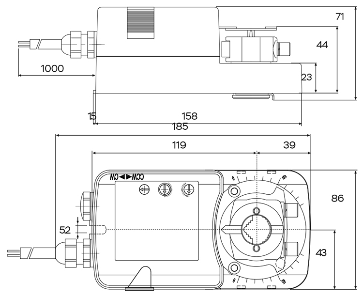 Размеры электропривода UCP REU-230-20