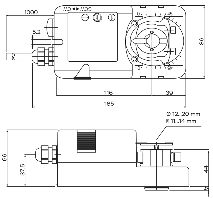 Размеры электропривода UCP RMU-230-20