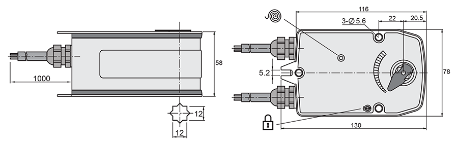 Размеры электропривода UCP UB(230)-03T